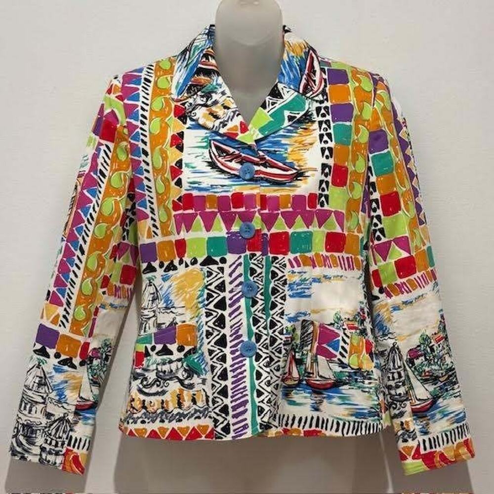 Harve Benard Multicolor Postcard Sailboat 4 Button Blazer Jacket Size 6P PETITE